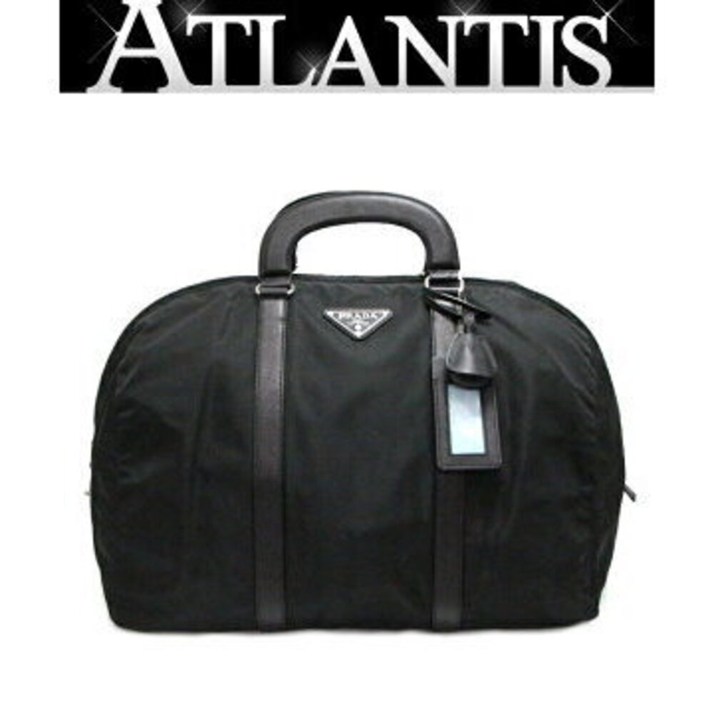 Prada Triangle Logo Boston Bag Travel Leather Black
